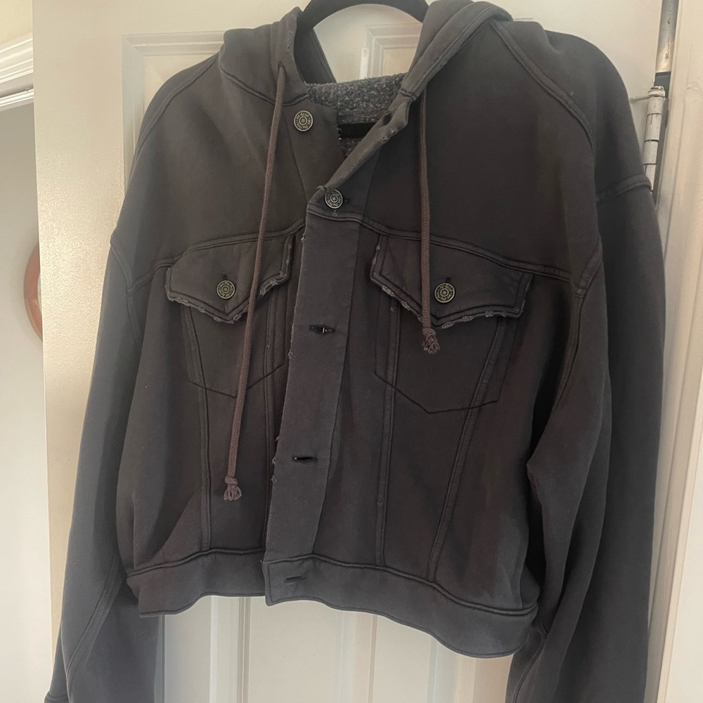 Free People Womens Cropped Hooded Jacket Washed Black Button Front Bell Sleeves